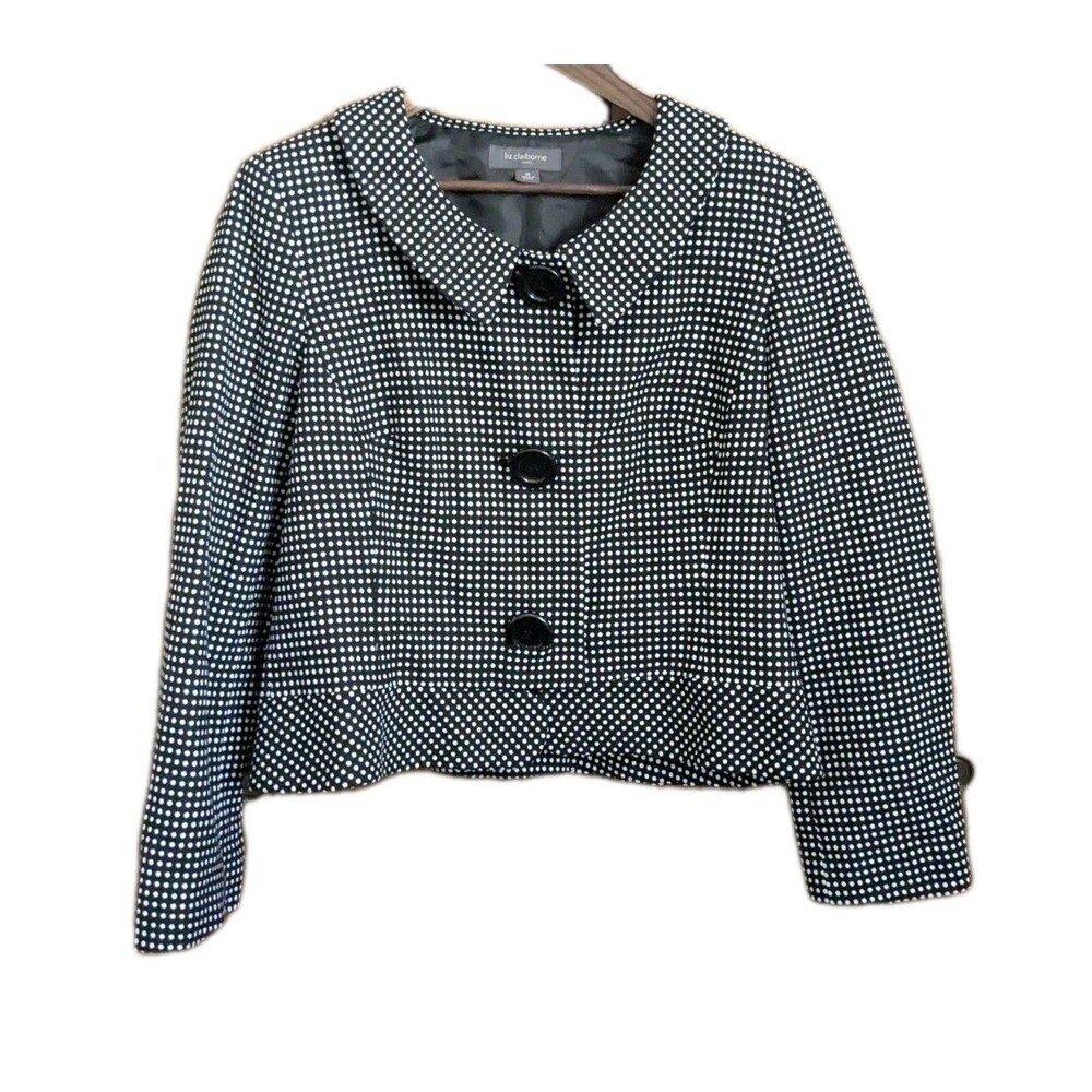 Liz Claiborne Suits Women's Polka Dot Blazer Peter Pan Collar Black White SZ 16